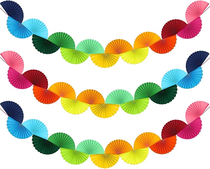 3 Pack Wedding Paper Fans Garland 15.6ft Colorful Background Ceiling Hanging Decorations Set for Birthday Party Supplies 3D Bachelorette Party Decorations (Rainbow)