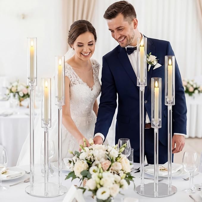 Layhit 6 Set Wedding 3 Arm Acrylic Candelabra Table Centerpiece 38.6" Clear Tall Floor Candle Holder with Shade Pillar Taper Stand for Dining Party Anniversary Birthday Easter Fit 0.87 LED Candle