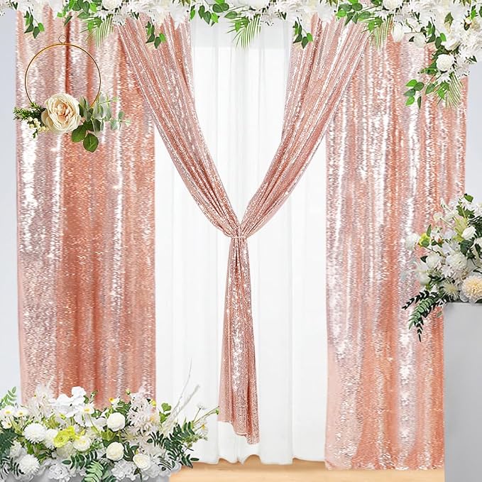 Eternal Beauty Sequin Backdrop Curtains, 2x8 Ft-2 Panels Rose Gold Back Drop for Mother's Day Shimmer Photography Party Wedding Birthday Decor