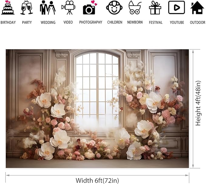 European Style Interior Room Backdrop 6x4ft Art Oil Painting Flowers French Window Photography Background Birthday Bridal Shower Women Girl Home Room Office Decor Banner Photo Studio Props