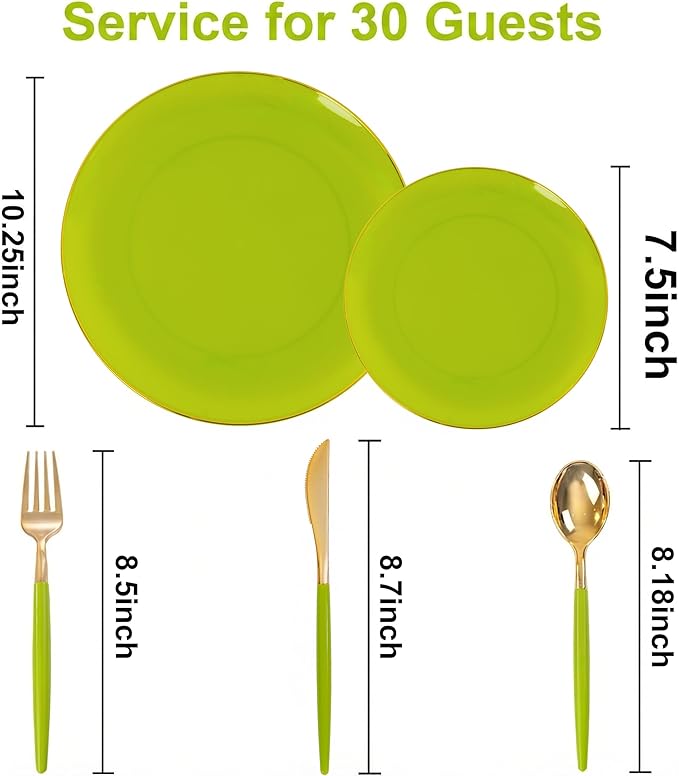 DaYammi 150Pcs Lime Green Plastic Plates & Gold Cutlery with Green Handle,green Disposable Plates with Gold Rim Include 30 Dinner Plate,30 Dessert Plate,30 Knives,30 Forks,30 Spoons for Party Dinner