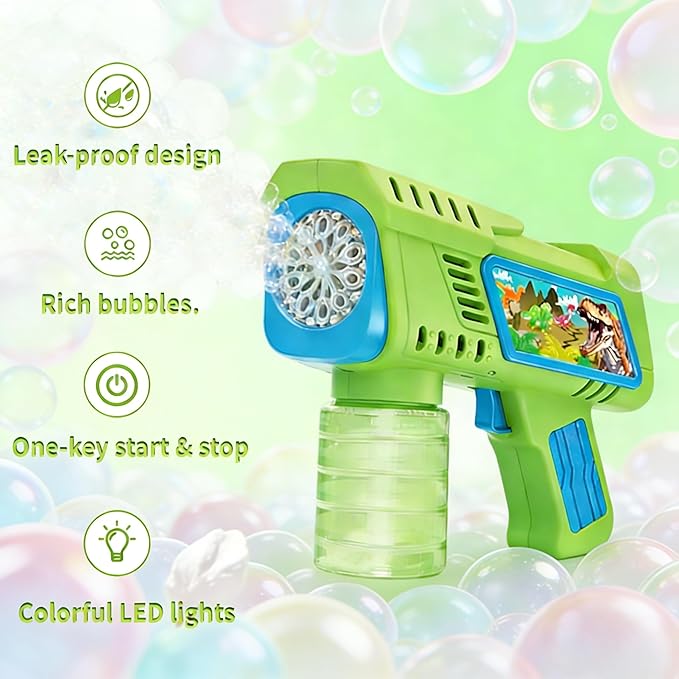 Bubble Gun Machine with Batteries, Green and Pink, Includes Bubble Solution and Refill Packs, Dinosaur Theme, Kids Outdoor Toy