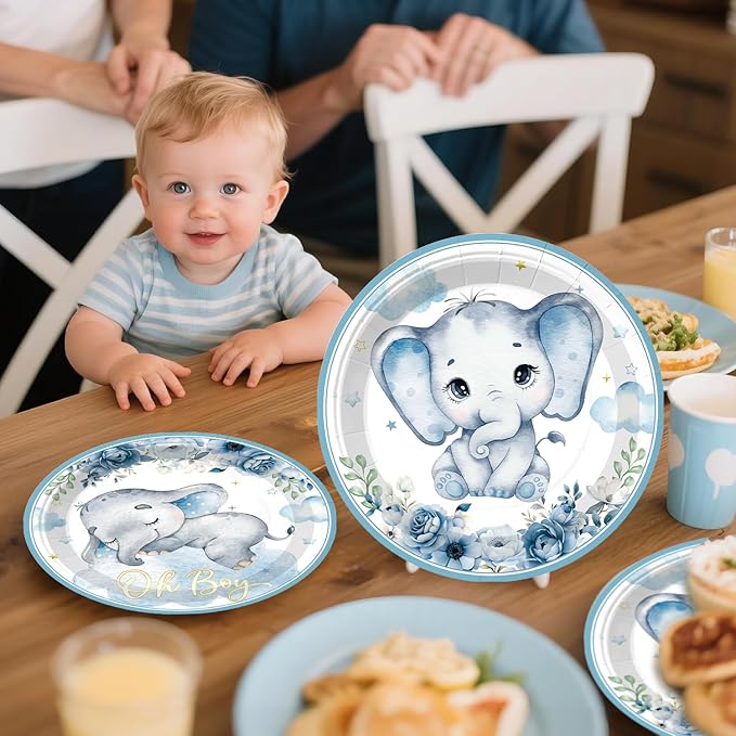 Xynic 206pcs Elephant Baby Shower Decorations Complete tableware Set, for 25 Guests, Blue Elephant party Decorations, Disposable Plates and Napkins, Banner, Tablecloth for Baby Shower Decoration Boy