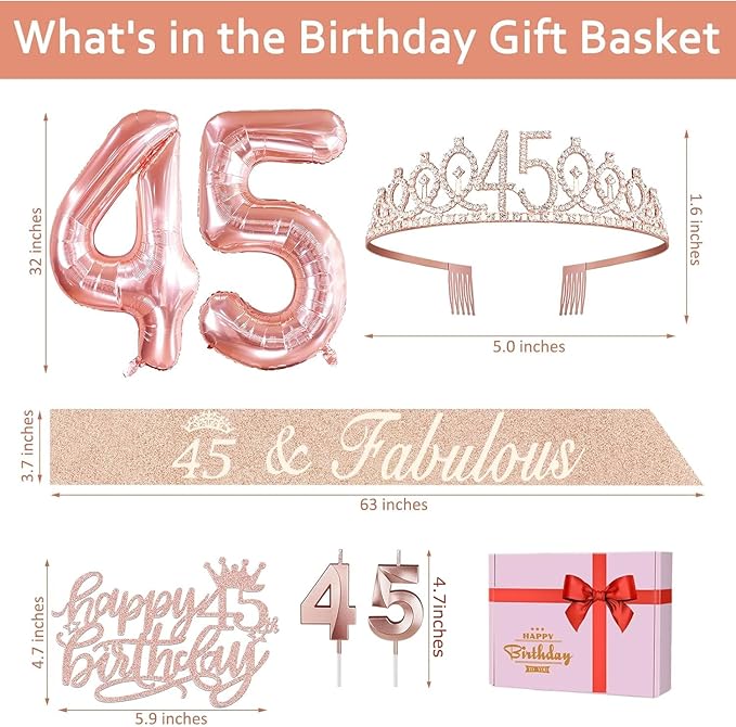 45th Birthday Decorations for Women, Include 45th Birthday Sash and Tiara, Cake Topper and Candles, Number Balloons, 45 Year Old Gifts for Women