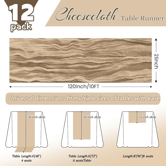 12 Pack Beige Cheesecloth Table Runner 21x120 Inches, Boho Gauze Rustic Semi Sheer Cheese Cloth Table Runners for Easter Spring Wedding Bridal Baby Shower, Birthday Party, Long Farmhouse Table Decor