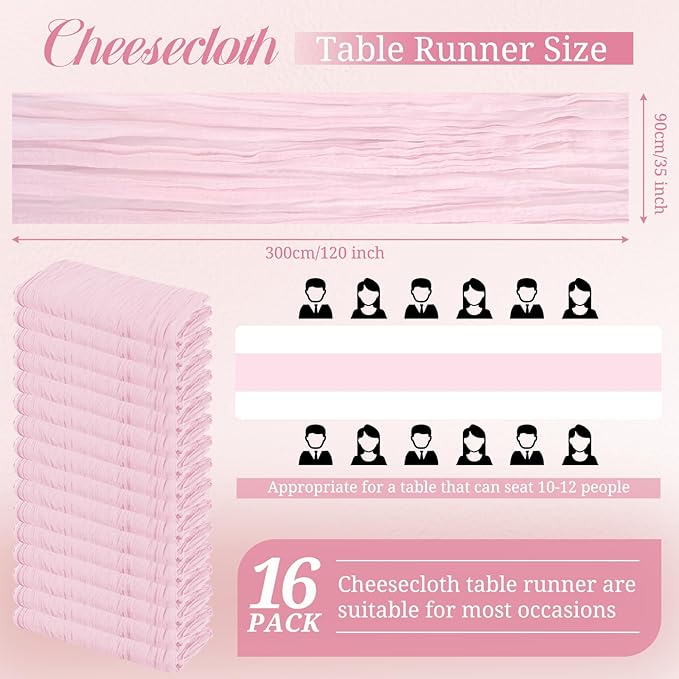 16 Pack Cheesecloth Boho Gauze 35120 Inch Rustic Romantic Long Table Runner for Wedding Party Bridal Shower Thanksgiving Christmas Decoration (Light Pink)