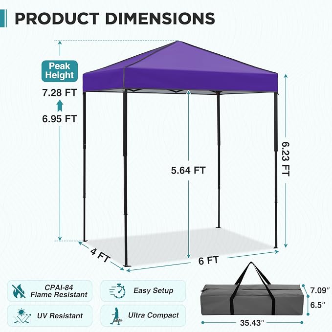 EAGLE PEAK 6x4 Instant Pop Up Canopy Tent, Straight Leg Sun Shelter, Portable Canopy with Carry Bag for Camping, Beach & Sports, Purple