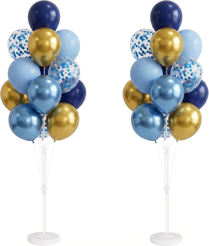 Balloon Column Kit Set of 2, Anti-Tip Sand-Fill Base Balloon Tower Stand with 10" 26pc Blue Gold Confetti Balloons, Height Adjustable for Easter Birthday Wedding Bridal Party Decorations