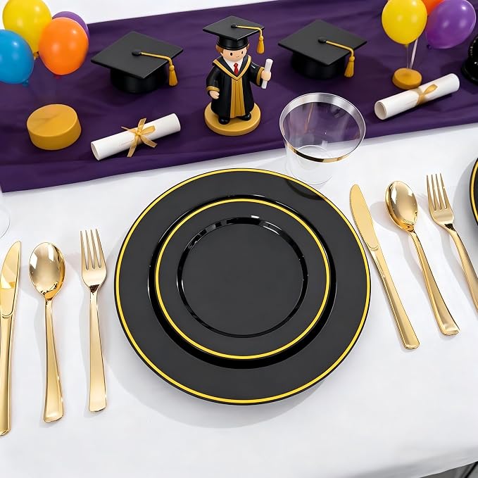 SUT 175 Piece Black and Glod Plastic Dinnerware Set for 25 Guests, Disposable Plastic Plates, Include: 25 Dinner Plates, 25 Dessert Plates, 25 Pre Rolled Napkins with Silver Silverware, 25 Cups
