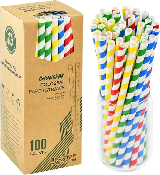 [10MM Wide] 10.25 Inch Extra Long Fat Sturdy Paper Drinking Straws for Smoothies, Milkshakes, Thick Frozen Drinks - 100 Counts, Colorful Stripes - Biodegradable