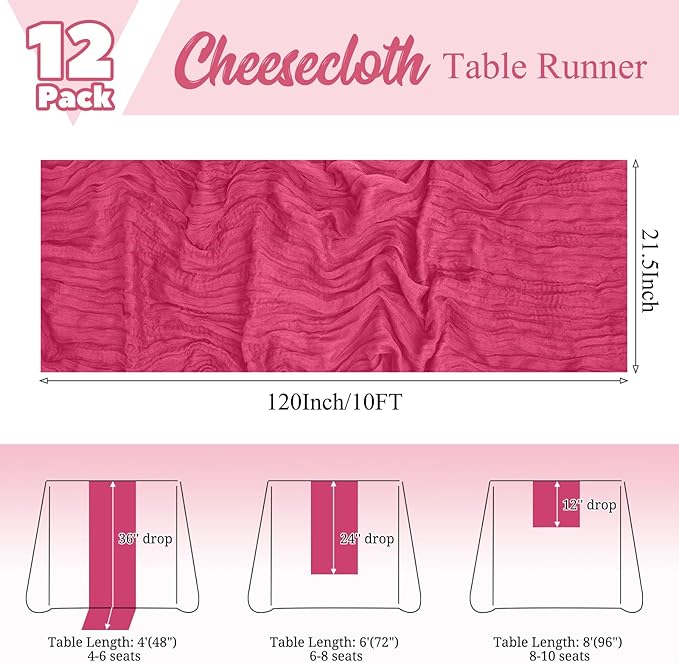 12 Pack Hot Pink Table Runner 10Ft Cheesecloth Table Runner Rustic Gauze Table Runners Romantic Long Sheer Fabric Cheese Cloth Table Runners for Wedding Party Bridal Baby Shower