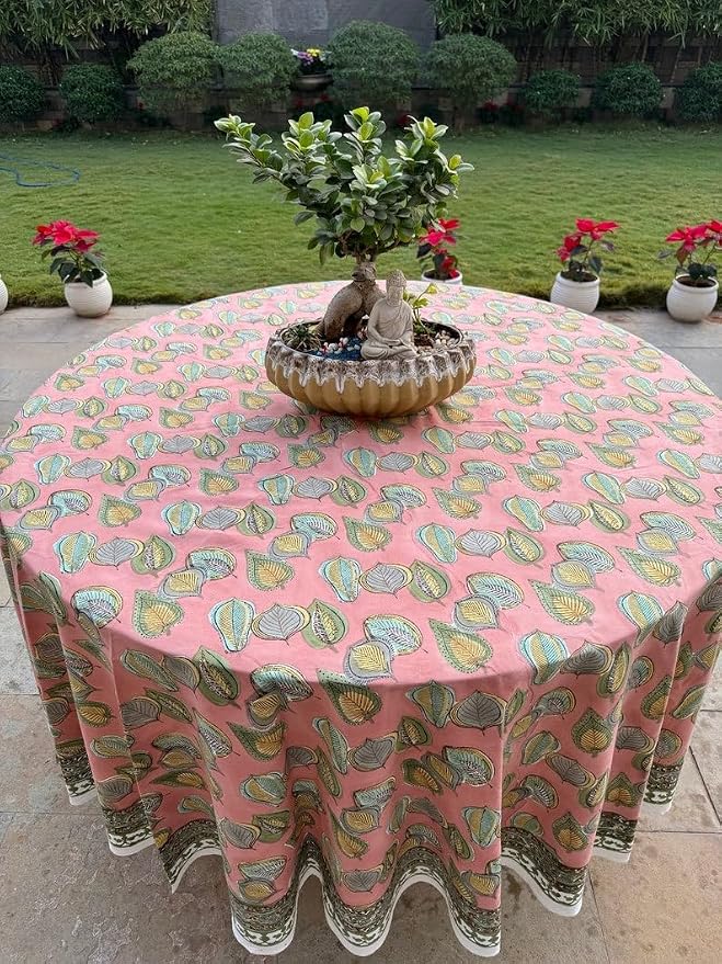 Ridhi Round Tablecloth Hand Block Print 100% Cotton Reusable Salmon Pink 120 Inch Table Cover Decorative Everyday Use for Dining, Home, Party, Wedding, Farmhouse, Party Gift for Spring, Mother's Day