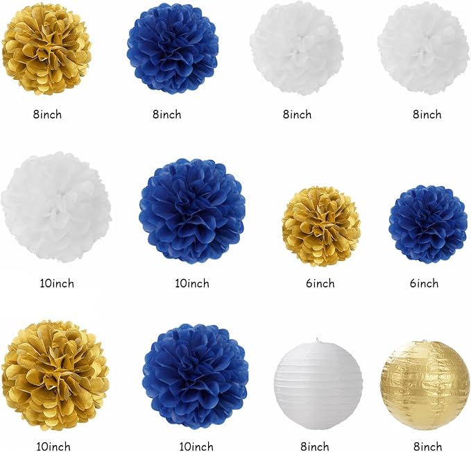 2026 Blue Class-Congratulations Prom Graduation Party-Decorations - 22pcs High School College Grad Supplies Decor, Royal Navy White Gold Tissue Pom Poms Streamers, Paper Flowers Lanterns Hugmoon