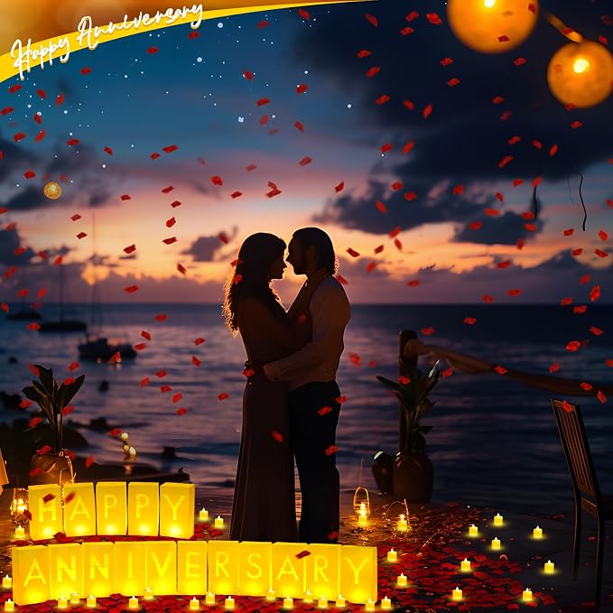 Aurelema 6088 Pcs Happy Anniversary Light up Letters with LED Flameless Tealight Candle Red Rose Petal Letter Luminary Paper Bag for Valentine's Day Decorations Proposal Romantic Special Night Decor