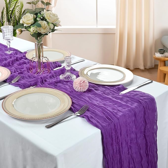 6 Pack 10FT Purple Cheesecloth Table Runner 120 Inch Long Gauze Rustic Boho Spring Cheese Cloth Table Runner Sheer Fabric Decorations for Holiday Party Wedding Banquet Bridal Baby Shower Décor