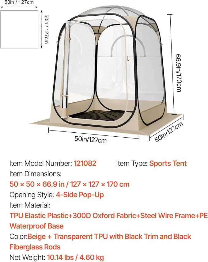 VEVOR Pop up Sports Tent, 8 Sizes Optional Clear Bubble Tent for 1-6 Person, Waterproof Outdoor Pod with Floor Mat & Top Cover, Garden Igloo Dome Tents Camping Shelter for Sports Watching