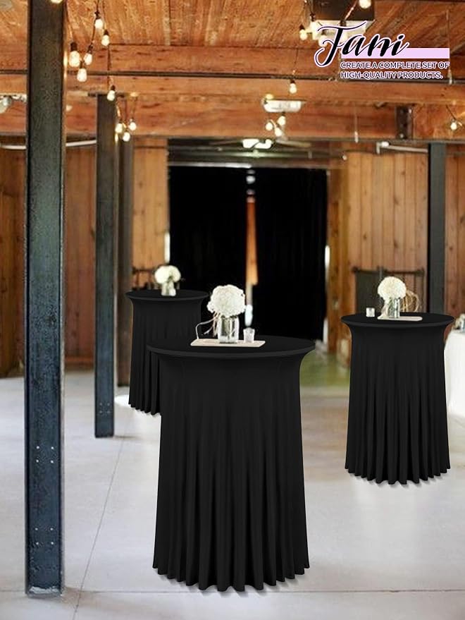 6 Packs 24"x 43" Round Cocktail Table Skirt, Spandex Fitted High Top Table Skirt, Spandex Stretch Cocktail Tablecloth for Wedding Party Bar Banquet Birthday Tables(Black)