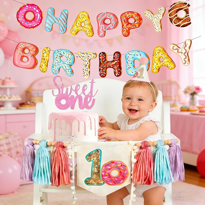 Donut Sweet One Birthday Party Decorations for Girl-Sweet One High Chair Banner Set with 1st Birthday Hat One Cake Topper