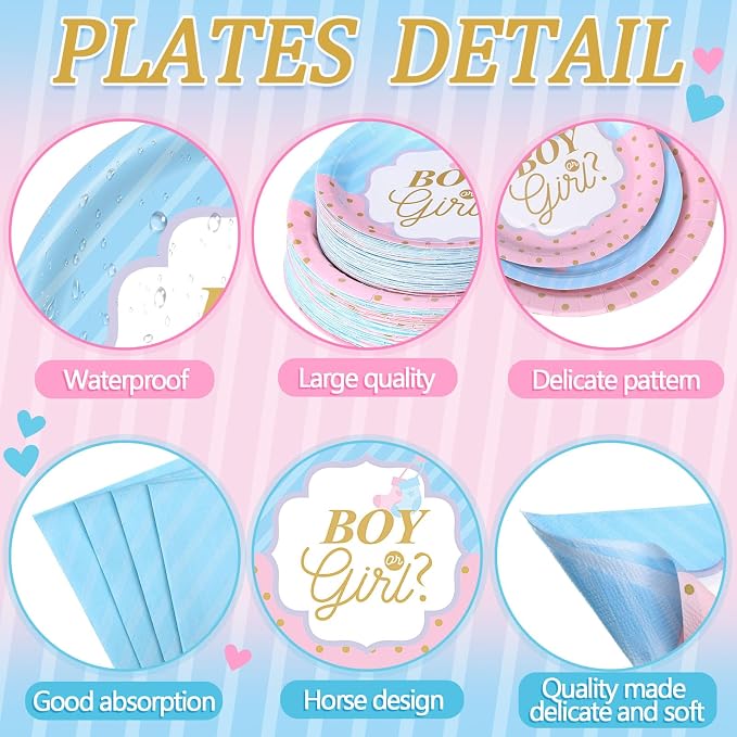 Potchen 452 Pcs Party Supplies Serve 50 Guests, Paper Plates Napkins Cups Cutlery Plastic Tablecloth Dinnerware for Birthday Wedding Party Decoration(Blue and Pink, Boy or Girl)