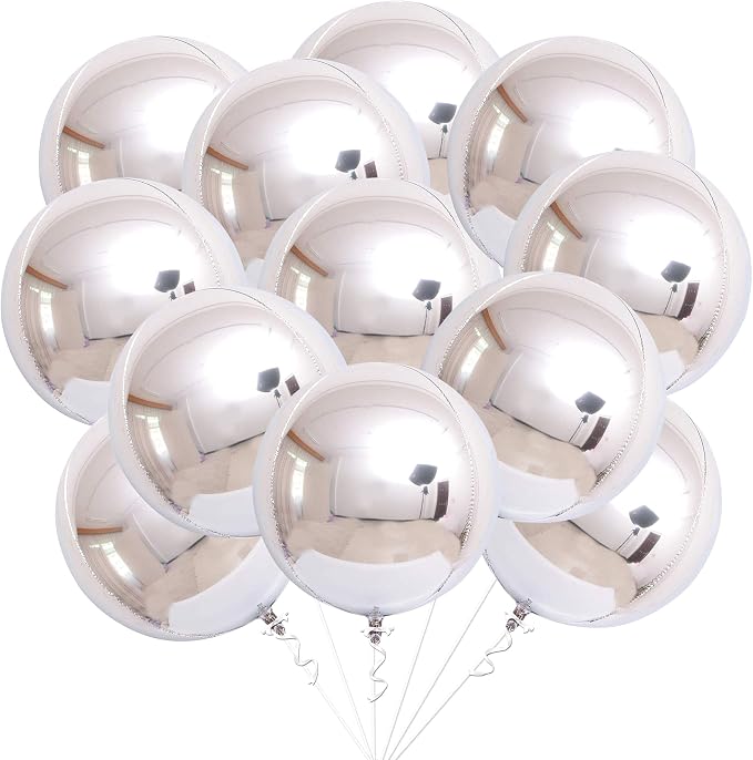 KatchOn, Metallic Silver Balloons - 22 Inch, Pack of 12 | 4D Round Mylar Balloons for Silver Birthday Party Decorations | 25th Anniversary Decorations, Engagement, Bridal Shower Decor