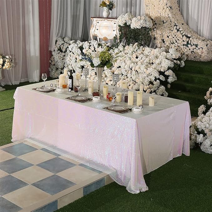 Eternal Beauty White Iridescent Tablecloth, 90x156 Inch Sequin Rectangle Table Cover for Cake Dessert Exhibition Party Birthday Events
