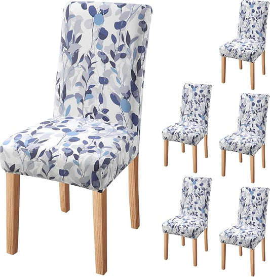 Fuloon Chair Covers for Dining Room 6 Pack, Printed Stretch Dining Slipcovers, Washable Kitchen Slip Covers for Parson Chair, Watercolor Leaves Printed, Set of 6