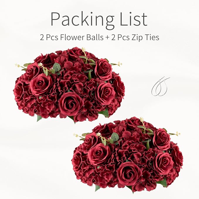 Red Roses Flowers Balls for Centerpieces: 2 PCS 14.2" Diam Flower Centerpieces for Tables in Wedding Reception Decorations Arrangement for Party Celebration Planners