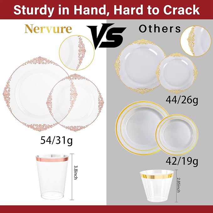 Nervure 350PCS Rose Gold Plastic Plates - Rose Gold Plastic Dinnerware Sets for 50 Guests - 100 Disposable Plates, 150 Silverware, 50 Cups, 50 Napkins Perfect for Wedding & Party