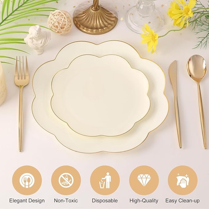 supernal 60pcs Ivory Gold Plastic Plates, Elegant Scalloped Disposable Dinnerware Set (30 Dinner & 30 Dessert Plates) - Heavy Duty Cream Floral Plates for Wedding, Bridal Shower, Mother's Day&Parties