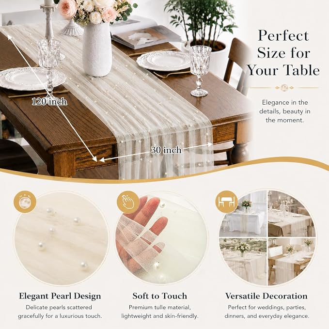 Pearl Beige Gauze Pearl Table Runner 120 Inch 10FT, Seasonal Sheer Dining Holiday Wedding Birthday Baby Shower Tulle Summer Table Decor for Home Party