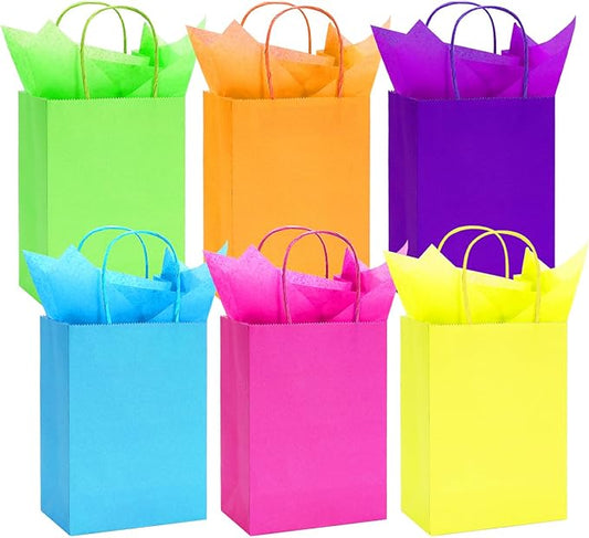 JarThenaAMCS 60Pcs Neon Paper Bags with 60 Sheets Rainbow Tissue Paper Green Orange Purple Pink Yellow Blue Candy Treat Bags with Handles for Birthday Party Favors Supplies