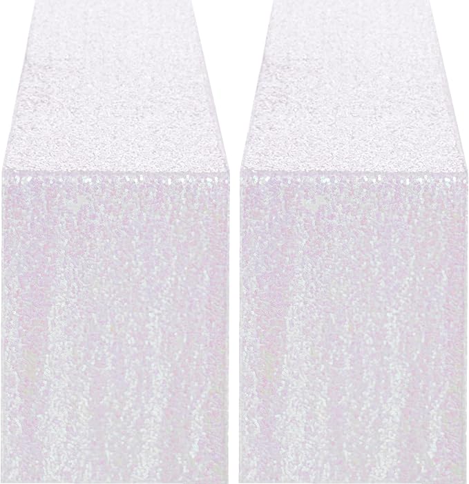 2 Packs 12 x 72 inches Sequin Table Runner, White Iridescent Glitter Table Runner for Birthday Party Supplies Wedding Engagement Baby Shower Holiday Celebration Event Decorations