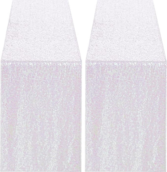2 Packs 12 x 72 inches Sequin Table Runner, White Iridescent Glitter Table Runner for Birthday Party Supplies Wedding Engagement Baby Shower Holiday Celebration Event Decorations