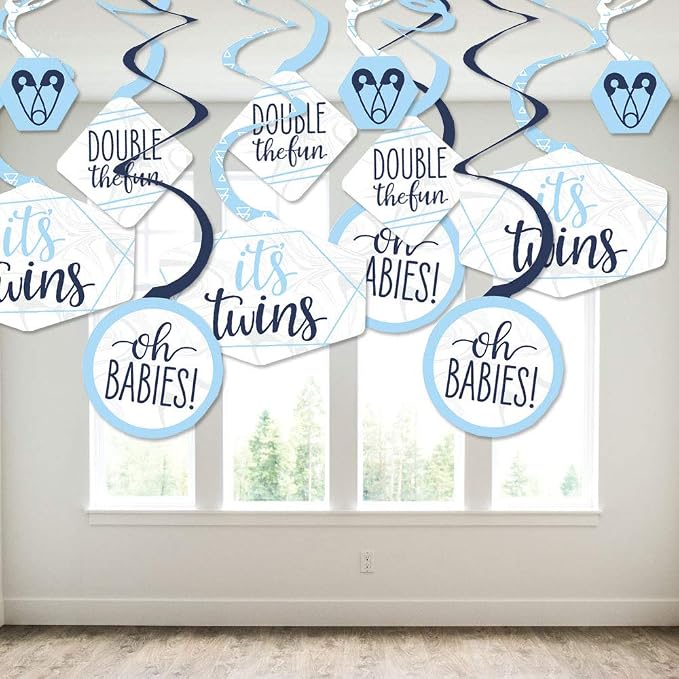 Big Dot of Happiness It’s Twin Boys - Blue Twins Baby Shower Hanging Decor - Party Decoration Swirls - Set of 40