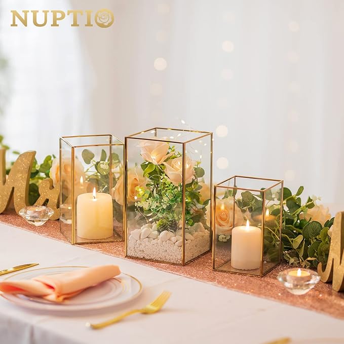 Nuptio Glass Hurricane Candle Holder Set of 18 Gold Pillar Candle Holders Large Rectangular Candleholder Table Centerpieces Decoration for Wedding Party Holiday Home Ornaments 9.5 & 8.1 & 6.5 inch