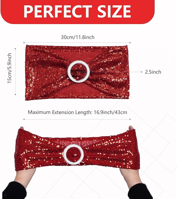 SquarePie Pack of 50 Sequin Chair Sashes Bands Glitter Red Double-Sided Sequins Stretch Chair Cover Bows with Buckle Slider for Wedding Party Fiesta Banquet Decor