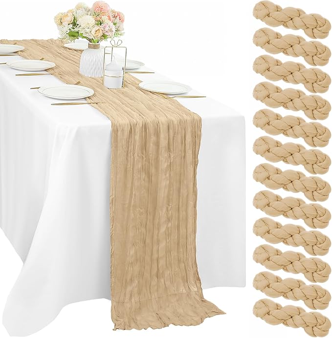 Sand 12 Pieces 35 x 120 Inches Long Cheesecloth Table Runner Gauze Fabric 10Ft Boho Table Runner Rustic Sheer Runner for Wedding Baby Bridal Shower Birthday Holiday Party Table Arbor Decor (Sand)