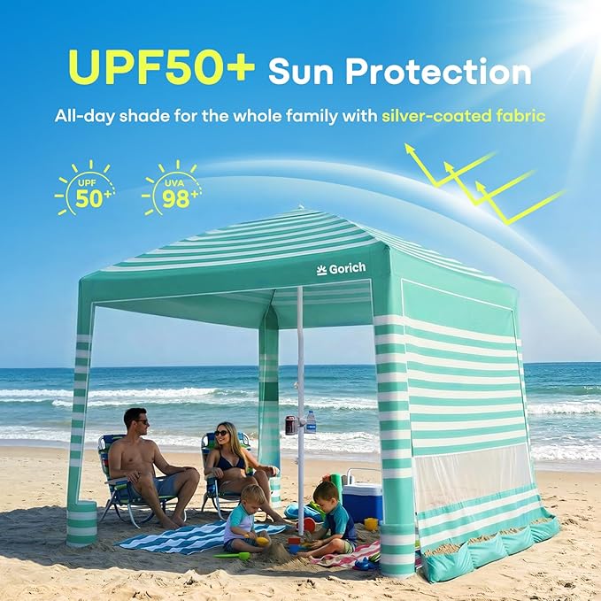 Gorich Beach Cabana with UPF50+ UV Protection, 8x8 FT/10x10 FT Beach Canopy Tent with Side Wall, Easy Setup, Windproof Portable Sun Shelter Shade for Family