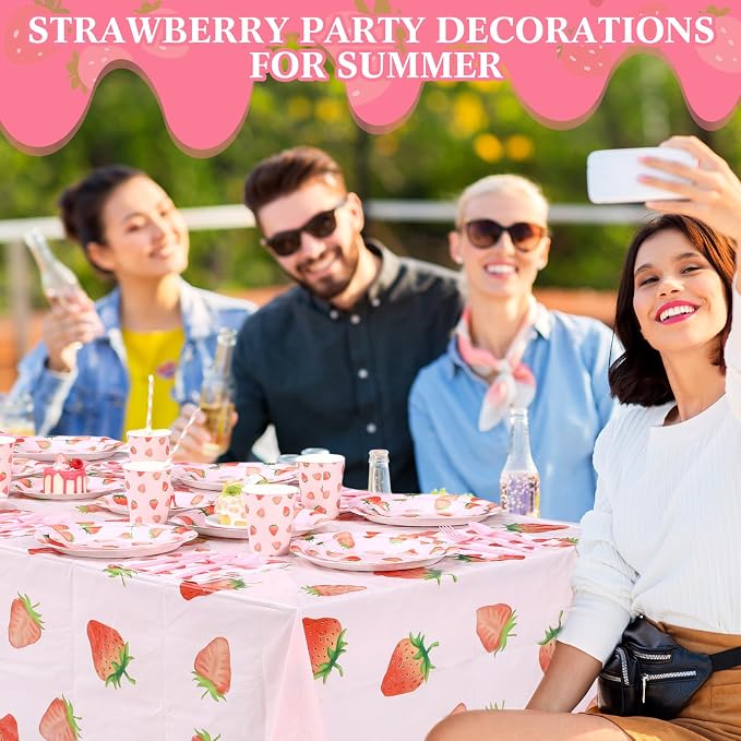 Funnymoom 452 Pcs Strawberry Party Supplies for 50 Guests, Strawberry Paper Plates Napkins Cups Tablecloth Cutlery Straws for Berry First Birthday Baby Shower Party Decorations