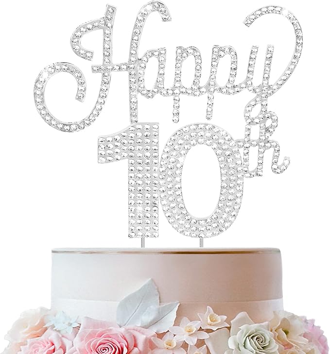 LINGTEER Happy 10th Birthday Silver Rhinestone Cake Topper - Cheers to 10th Birthday Ten Years Old Party Cake Centerpieces Topper Decorations Gift Sign.