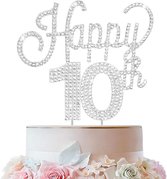 LINGTEER Happy 10th Birthday Silver Rhinestone Cake Topper - Cheers to 10th Birthday Ten Years Old Party Cake Centerpieces Topper Decorations Gift Sign.