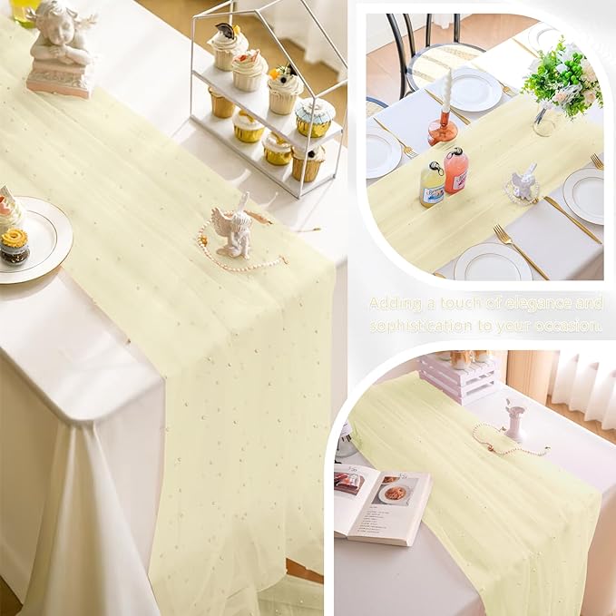 Fivenl 12 Pack 10FT Pearl Table Runner 30x120 Inch Beige Tulle Fabric Boho Rustic Sheer Table Runners Lace Table Cloth for Wedding Bridal Shower Birthday Party Arch Veil Dessert Table Decor (Beige)
