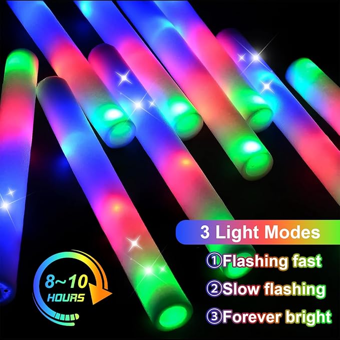 EXCECAR 118PCS Foam Glow Sticks Bulk Party Pack, Foam Light Up Sticks, Light Up Foam Sticks, 3 Mode Colorful Flashing, Glow in The Dark Sticks for Wedding Halloween Christmas Concert Party Supplies