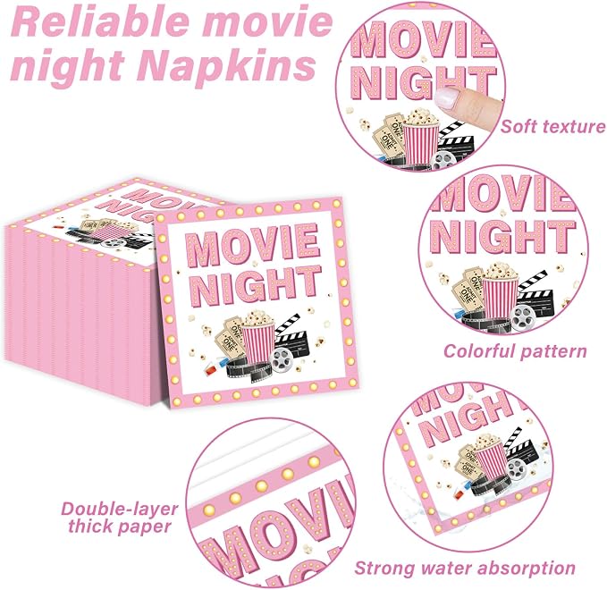 96Pcs Movie Night Party Supplies Pink Movie Birthday Plates and Napkins Theater Pop Corn Tableware Disposable Dessert Dinnerware for Girls Film Festival Birthday Party for 24 Guests