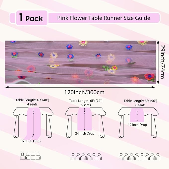 Set of 1 Flower Table Runner 10ft, 29 * 120 Inch Pink Table Cloth Sheer Tulle Table Cover,Embroidery Daisy Table Runner for Wedding Party Baby Shower Birthday Home Decor