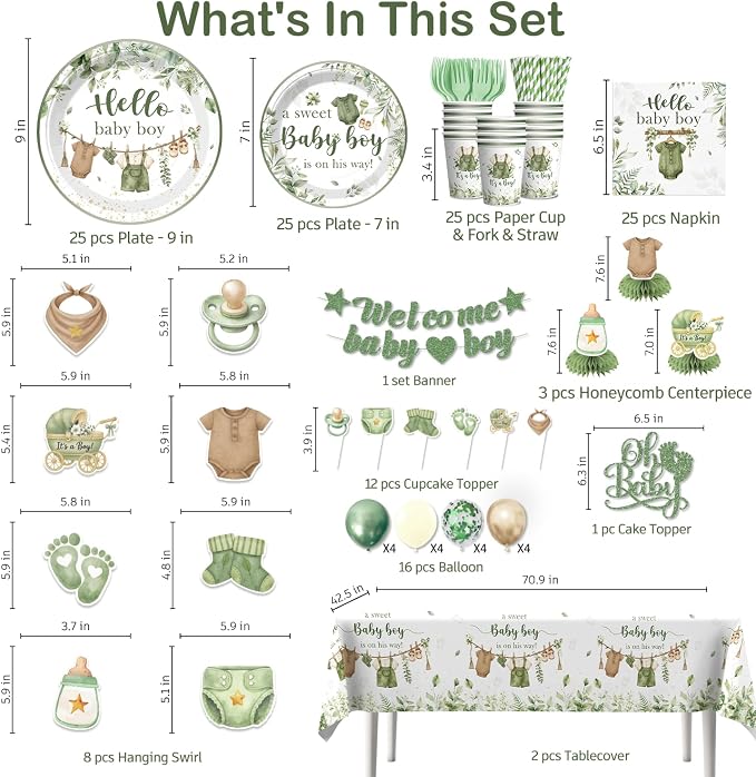 Xynic 201PCS Greenery Baby Shower Decorations Boy Tableware Set, 25 Serves Disposable Thick Plates and Napkins Set, with Pre-strung Banner, Tablecloth, for Baby Shower Boy Decorations