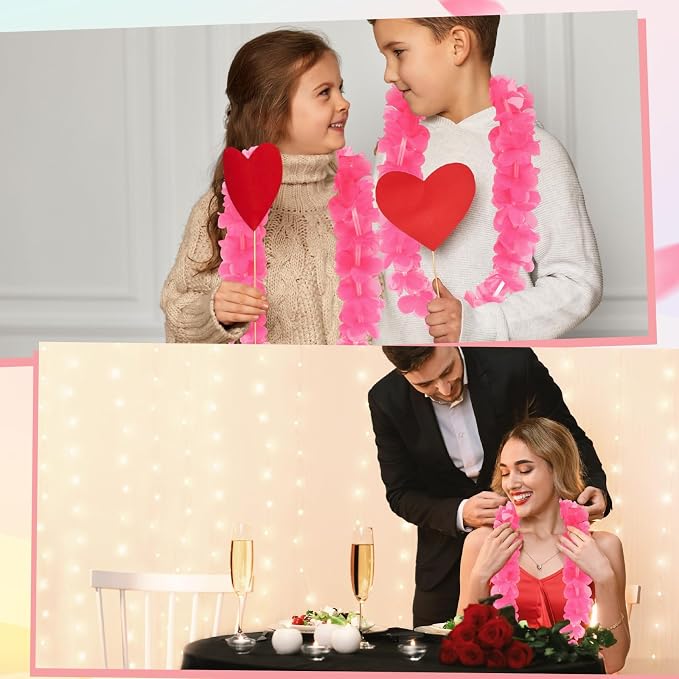 Sherr 48 Pcs LED Hawaiian Leis Light up Flower Leis Necklace with LED Lights Luau Flowers Necklaces for Masquerade Beach Wedding Tropical Themed Party Supplies (Rose Pink)
