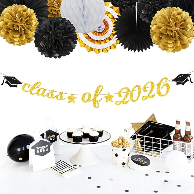 Black Gold Party-Decoration Graduation Banner - 14pcs Kits Cap Garland Streamers, Paper Tissue Pom Poms Flowers Fans Honeycomb,Class Of 2026 College High School Grad Decor Hugfond