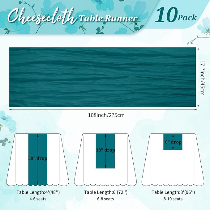 10 Pack Cheesecloth Table Runner Teal, Rustic Boho Gauze Fabric Table Runner Romantic Table Runner for Wedding, Festival, Birthday, Anniversary, Dinner and Outdoor Events (17.7 x 108 inch)