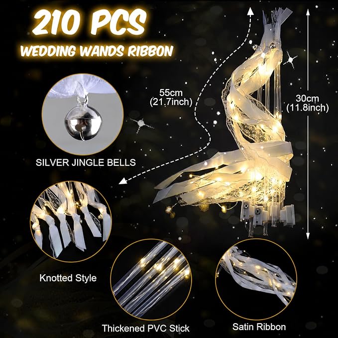 HONLYNE 210 PCS Light Up Wedding Wands, LED Fairy Wand, Wands Streamers with 3 Flashing Modes, LED Silk Fairy Wand with Ribbons, Lace and Bells for Wedding Send Off Ideas, Parties, and Celebrations